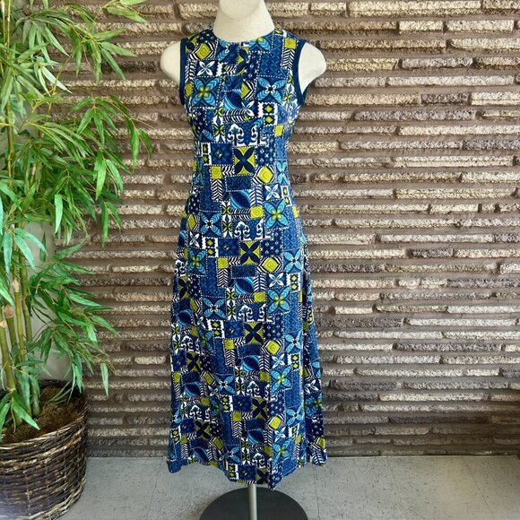 Vintage Handmade Hawaiian Barkcloth Tribal Print Maxi Dress - Picture 9 of 9